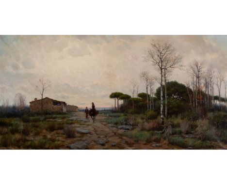 AURELI TOLOSA Y ALSINA (Barcelona, 1861 - 1938)."Landscape and figures at dusk".Oil on canvas.Signed in the lower right corne