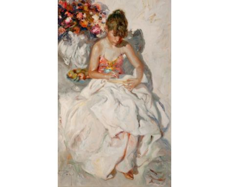 JOSÉ ROYO (Valencia, 1945)."Young woman embroidering".Oil on canvas.Signed in the lower left corner.Measurements: 61 x 38 cm;