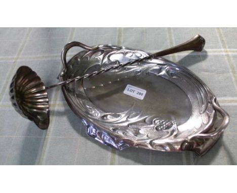 AN ART NOUVEAU PLATED TWIN HANDLED DISH, together with a secessionist handled fluted ladle, on twisted stem 