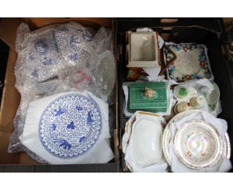 TWO BOXES CONTAINING A SELECTION OF PREDOMINANTLY DOMESTIC POTTERY to include a blue &amp; white part dinner service, by Myot