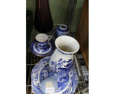 A SELECTION OF BLUE &amp; WHITE DOMESTIC POTTERY to include a Royal Worcester willow patterned trio, together with a large mo