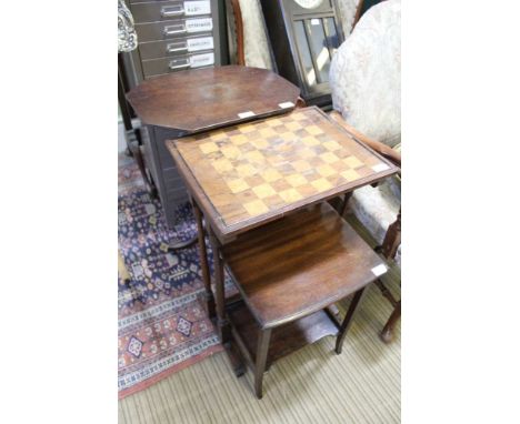 A 19TH CENTURY TRIPOD TABLE together with a Chessboard topped single table &amp; a low mahogany two tier table 