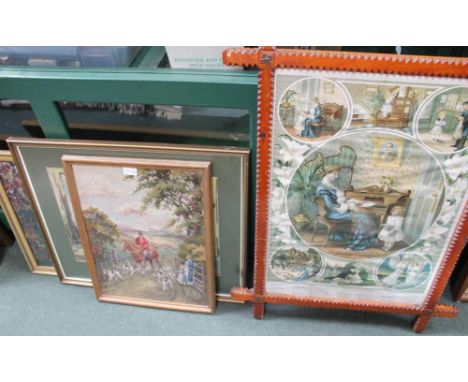 A SELECTION OF TAPESTRY WOOLWORKS appertaining to hunting, together with A 19TH CENTURY CHIP CARVED OXFORD FRAMED SENTIMENTAL