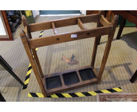 A LATE 19TH/EARLY 20TH CENTURY OAK THREE TRAY STICK &amp; BROLLY STAND 