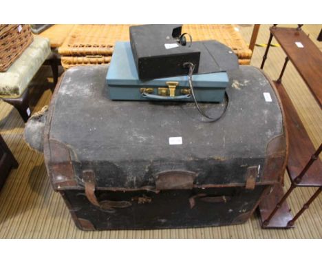 A DOME TOP TRUNK with woven wicker interior lid, together with a blue finished briefcase &amp; a boxed set of Mark Scheffel b