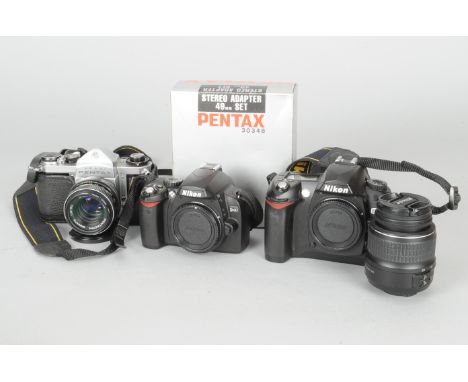 Nikon and Pentax Cameras, a Nikon D70 DSLR body, battery, charger, instructions, maker's box, a Nikon DX AF-S Nikkor 18-55mm 