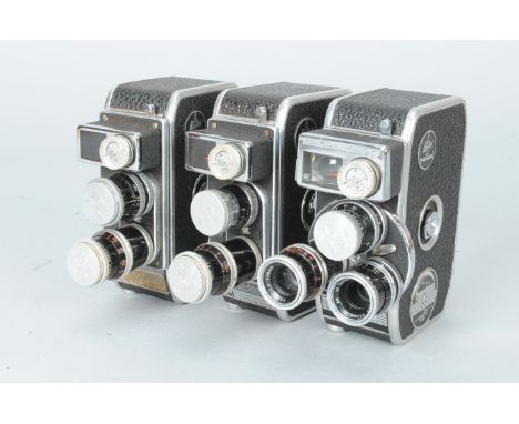 Three Paillard Bolex 8mm Pocket Cine Cameras, a Bolex D8L 3-lens turret camera, serial no. 856720, a Switar and 2 Yvar lenses