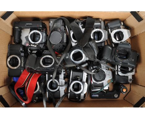 A Tray of SLR Camera Bodies, manufacturers include Pentax, Contax, Yashica, Minolta and Fujica 