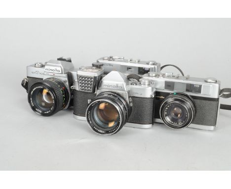 Minolta SLR and Rangefinder Cameras, a SRT303b SLR camera, shutter working, a MC Rokkor-PG 50mm f/1.4 lens, a SR-3 SLR camera