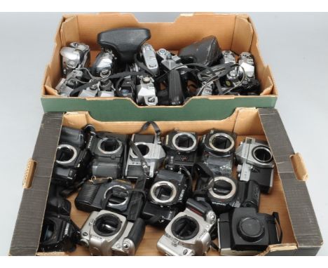 Two Trays of SLR Camera Bodies, including Canon TL with 50mm f/1.8 FL lens, AV-1, AL-1 (2), Olympus OM10. Asahi Pentax (3) Pr