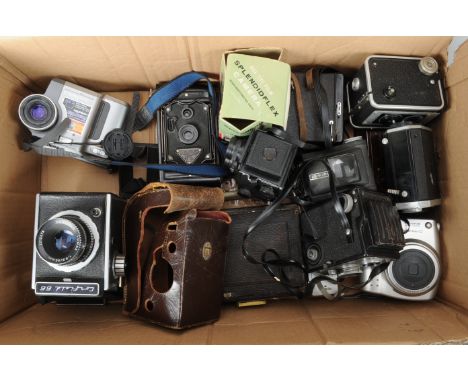 Folding and Box Cameras, including a 5 x 4in folding plate camera with an Aldis Uno f/7.7 lens, a Corfield 66 camera, a Kodak