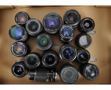 A Tray of Zoom Lenses, more than 15 lenses from various brands including AF-Nikkor, Canon, Minolta, Olympus and Sigma, a lot 