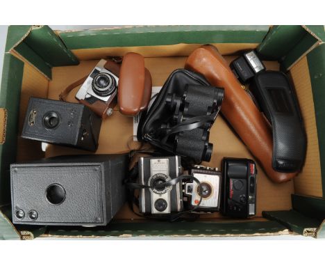 Box and Viewfinder Cameras, a Kodak No 2-C Brownie Model A box camera, a Kodak Brownie Holiday Flash camera, a Coronet Portra
