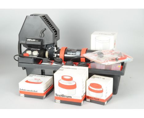 A Jobo CPE2 Motorised Film Processor, including a Jobo 1525 drum, a Jobo CPE2 lift, four empty 600ml chemical bottles, four 2