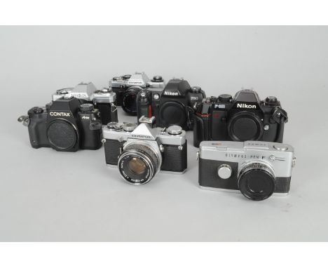 Olympus and Other SLR Cameras, an OM-1 camera, shutter working, an OM10 camera, shutter working, a Pen-FT half frame body, sh