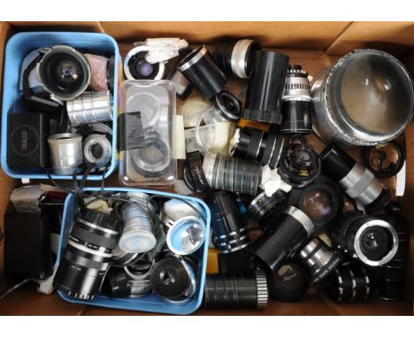 A Tray of Lens Accessories, including SLR lenses, projector lenses, a front wide-angle converter, rear lens teleconverters, e