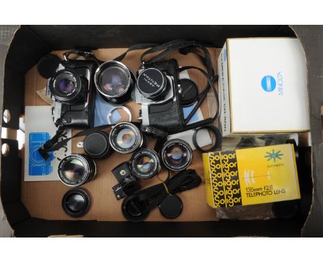 SLR Cameras and Lenses, including a Minolta X-300, with 50mm f/1.7, 55mm f/1.7, 58mm f/1.4 (2),100mm f/2.5 lenses, Pentax SP-