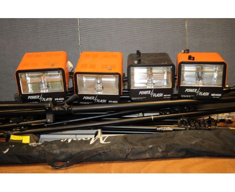 Flash Heads and Light Stands, four Power flash MD400 units, untested, a quantity of lighting stands, some with booms and umbr