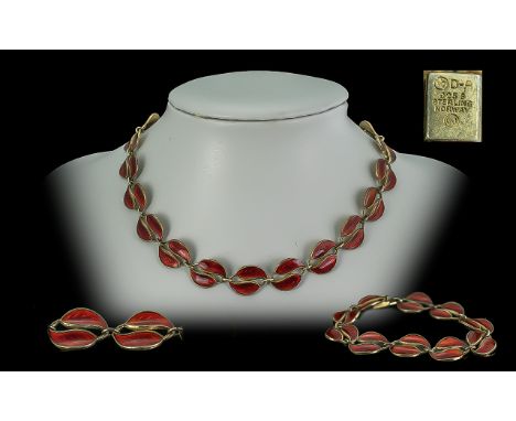 David Andersen Norway Signed Fine Silver Gilt &amp; Enamel Necklace with Matching Bracelet, marked 925 Sterling.  Length of n