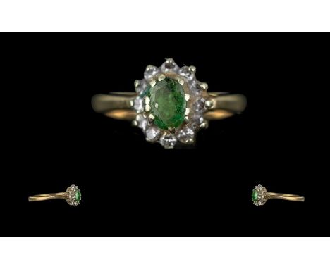 Ladies 9ct Gold &amp; Green Stone Set Dress Ring. Hallmarked for 9ct Gold. Ring Size M.