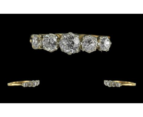 Antique Period - Attractive 18ct Gold and Platinum Set 5 Stone Diamond Set Ring. Marked to Interior of Shank. The Five Round 