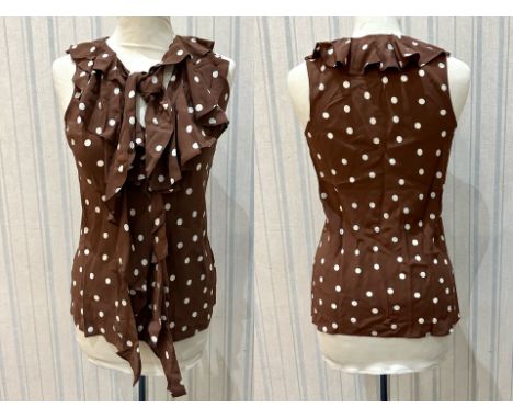 Ralph Lauren Polo Sleeveless Blouse Style 'Concept Multi', silk shirt in brown with spots, frill front with ties.  Brand new,