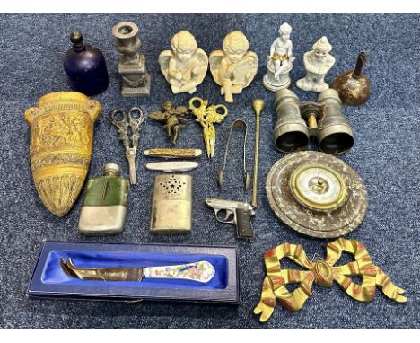 Box of Collectables. To Include Binoculars, Cherubs, Ainsley, Penknife's, Barometer, Flask, Vintage Lighter In Shape of Gun e