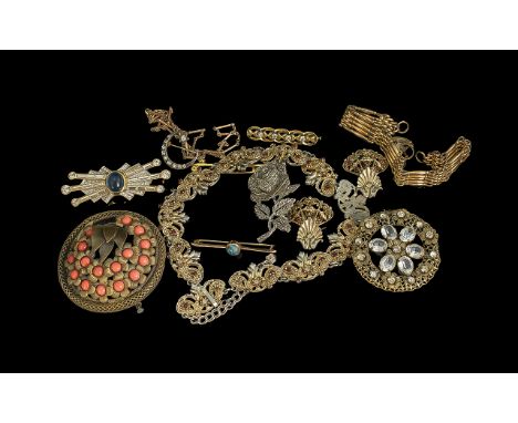 Collection of Vintage Costume Jewellery. Large Brooches, Tie Pins, Gate Bracelet etc. 