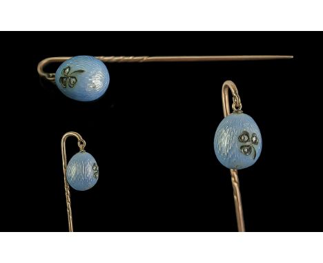 Antique Period Fine Quality &amp; Rare 9ct Gold Stick Pin, with attached small blue enamel egg set with three old cut diamond