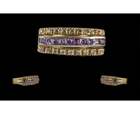 18ct Gold - Excellent and Well Made Diamond and Amethyst Set Dress Ring, Marked 750 to Interior of Shank, The Two Rows of Dia