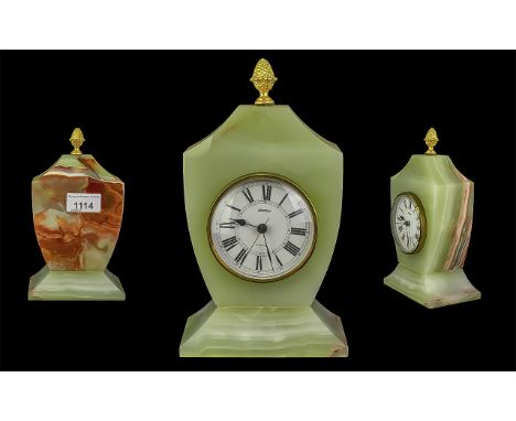 Staiger Onyx Mantle Clock, traditional style, white face with Roman numerals, decorative pineapple gilt finial to top of cloc