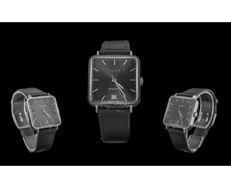 Tissot - Stylish Mechanical Square Shaped on Steel Cased Wrist Watch. c.1950's. Features a Black Dial, Just / Date Display Wi