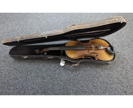 Violin in Fitted Case, with bow, measures 15'', overall 24''. 