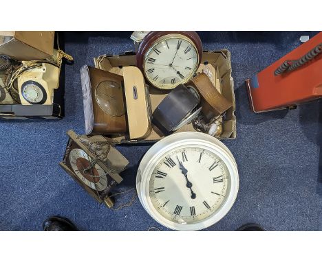 Box of Assorted Vintage Clocks, including mantle clocks, wall clocks, two wooden clock money boxes, a clock face etc.