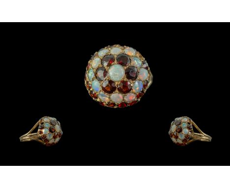 Ladies Attractive 9ct Gold Opal &amp; Garnet Set Cluster Ring, full hallmark to shank.  Opals of good colour.  Ring size O.  