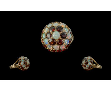 Ladies Attractive 9ct Gold Opal &amp; Garnet Set Cluster Ring, full hallmark to shank.  Opals of good colour.  Ring size O.  