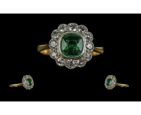 Antique Period Attractive Ladies 18ct Gold &amp; Platinum Diamond &amp; Emerald Set Cluster Ring. Marked 18ct and Platinum to