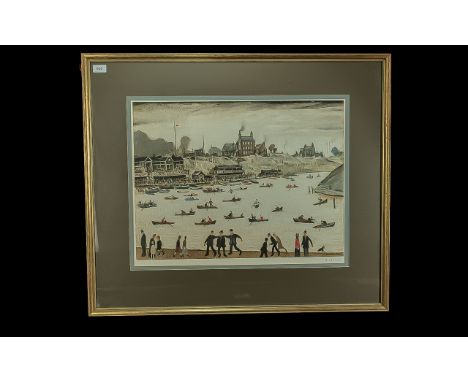 LAURENCE STEPHEN LOWRY (BRITISH 1887-1976) CRIME LAKE Offset lithograph printed in colours, 1971, signed L.S. Lowry lower mar