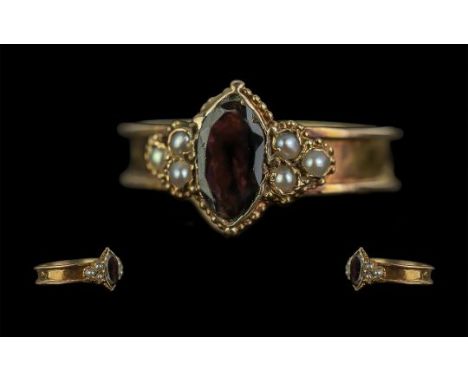 Victorian Period 1837 - 1901 Excellent 15ct Gold Garnet and Seed Pearl Set Ring. Excellent Shank and Pleasing and Attractive 