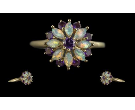 Ladies Attractive 9ct Gold Opal &amp; Amethyst Set Dress Ring.  Full hallmark to shank.  Opals and Amethysts of good colour. 