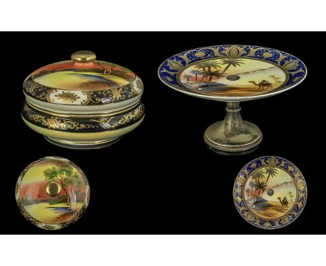 Noritake Hand Painted Pedestal Dish / Bowl, Desert Scene. With Painted Blue and Gold Borders. Stands 5 Inches - 12,5 cms High