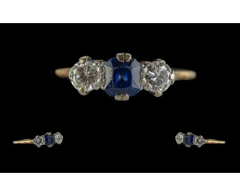 Antique Sapphire And Diamond Ring, Central Cushion Cut Sapphire Set Between Two Round Cut Diamonds, Estimated Diamond Weight 