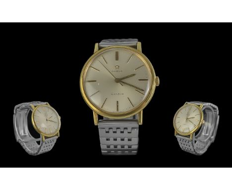 Omega Geneve Gents Gold on Steel Mechanical Wrist Watch, circa 1960's, features pearl coloured dial, gold markers, seconds sw