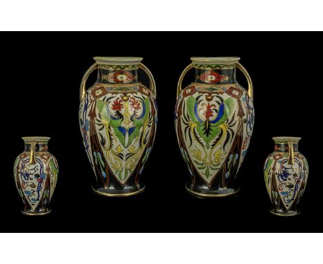 Noritake - A Fine Pair of Hand Painted Twin Handle Vases. Each Vase Decorated In Painted Enamels ( Rich Colours ) and Styalis