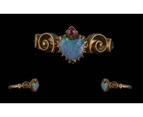 Edwardian Period 1902-1910 Petite 9ct Gold Heart Opal Set Ring in fancy setting - Opal of good colour marked 9ct to shank rin