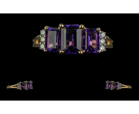 Ladies 9ct Gold Attractive Diamond and Amethyst Set Ring. Marked 9ct to Shank. The Amethyst of Excellent Colour and Clarity. 