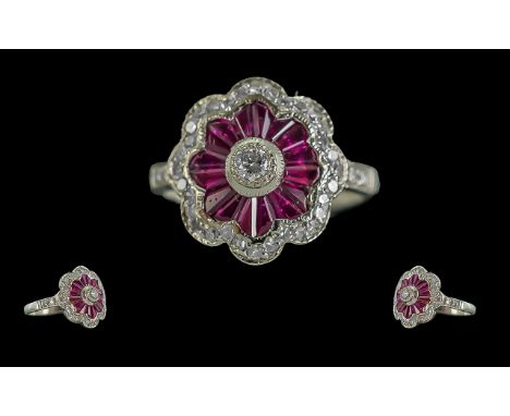 Ladies - Attractive 18ct White Gold Ruby and Diamond Set Dress Ring. Excellent Design. Full Hallmark to Interior of Shank. Th