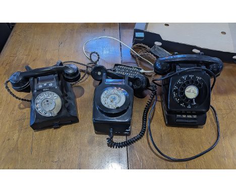Vintage Plantset Desktop Telephone Exchange, black, together with a black vintage telephone with recall button, and a black w