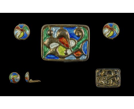 Norwegian Signed Oystein Balle Fine Quality Sterling Silver &amp; Enamel Brooch &amp; Matching Earrings, circa 1960, signed B