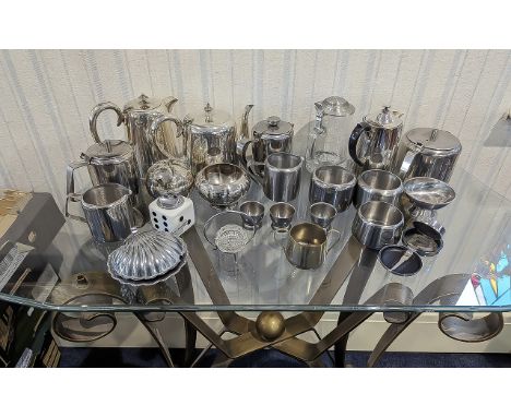 Box of Metal &amp; Plated Ware, including tea pots, coffee pots, shell shaped butter dish, travel clock, dice shaped table li